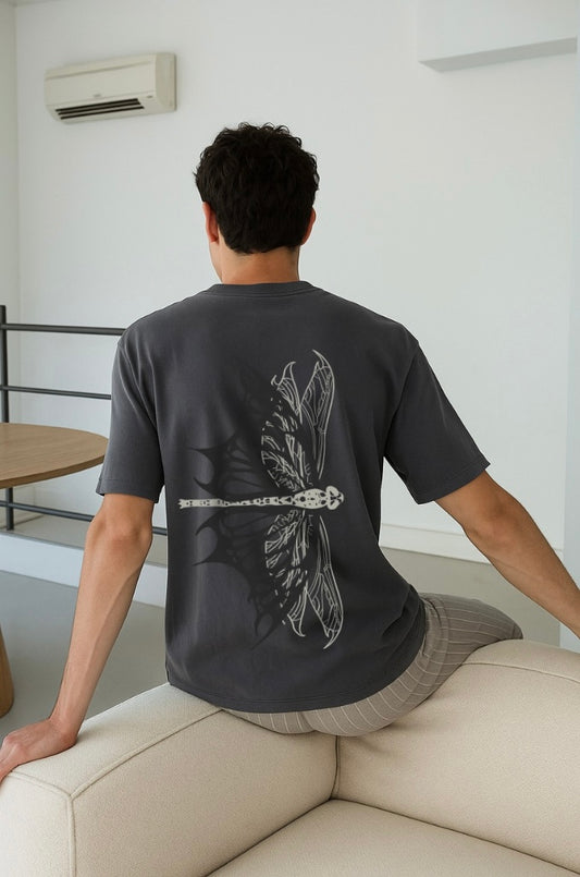 Dragonfly Oversized Tee – 240 GSM Puff Print | Grey